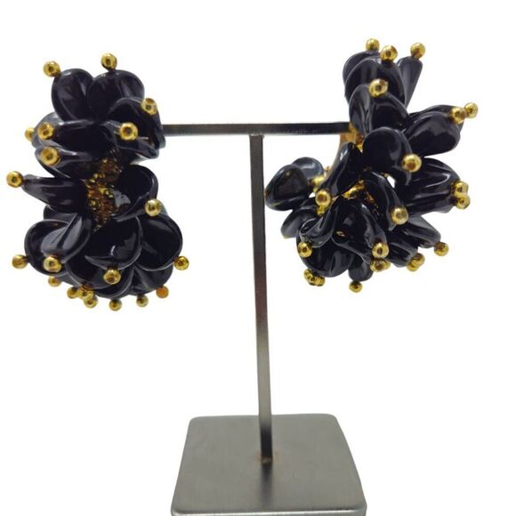 Vintage Black Beaded Half Hoop Cluster Earrings | 2.38" | Circa 1980s-1990s - Picture 2 of 7